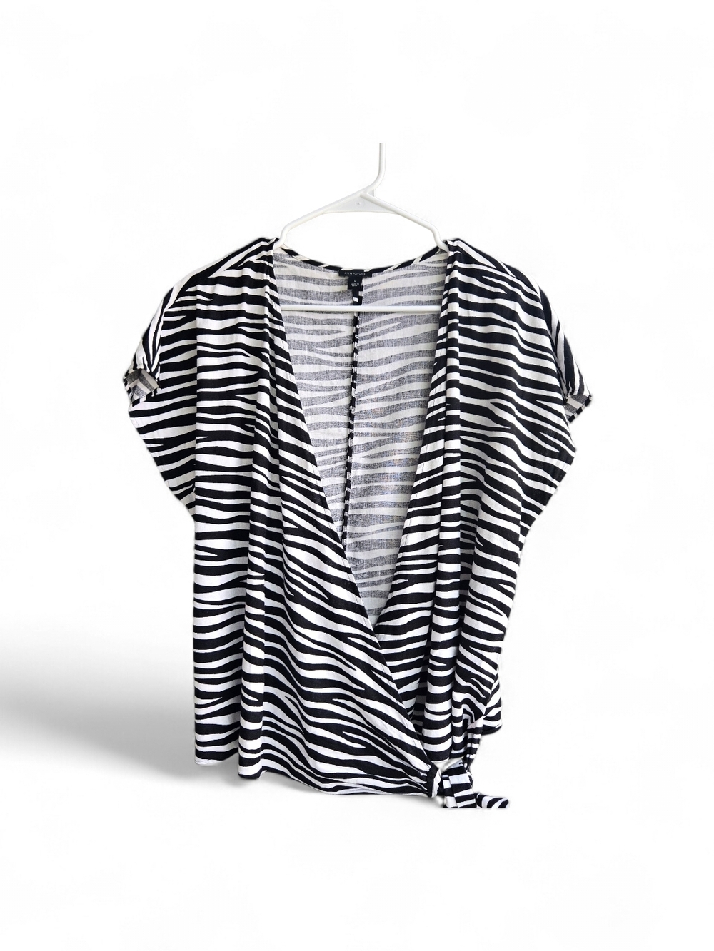 Faux Wrap Zebra Striped Ann Taylor Short Sleeve Top Linen/Rayon LG